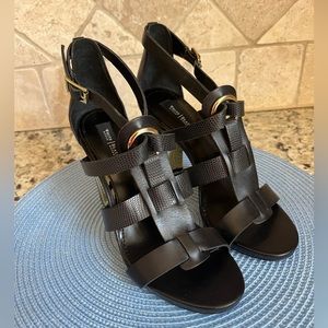 White House Black Market Black Bria 4 inch Strappy Gold Heel Sandals
